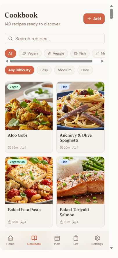 Cookbook screen showing curated recipe cards
