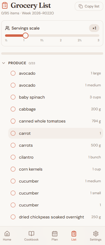Grocery list organized by aisle