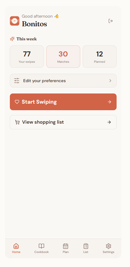 Home dashboard showing 30 recipe matches