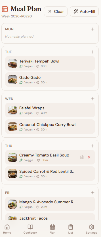 Weekly meal plan calendar showing planned dinners