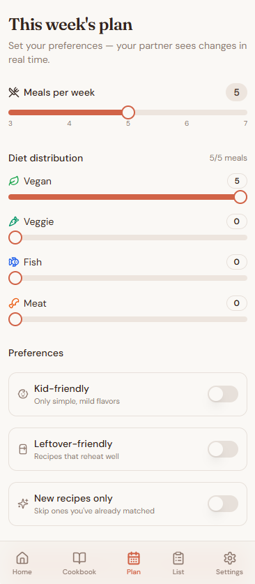 Preferences screen showing diet and allergy settings