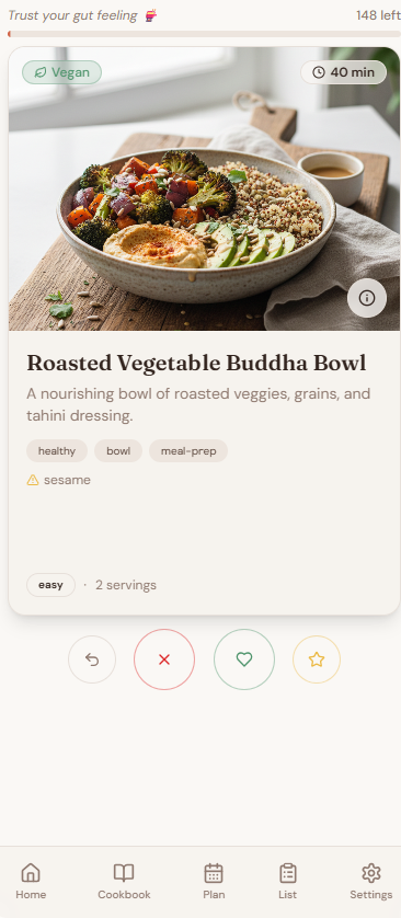Paired Plates swipe interface showing a Buddha Bowl recipe with like and dislike buttons